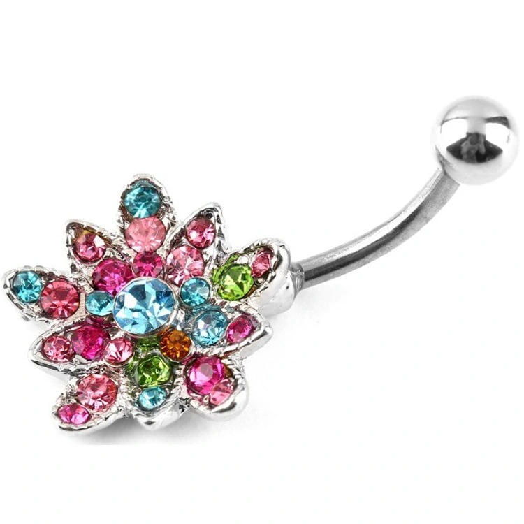 Colorful lotus belly ring with diamonds