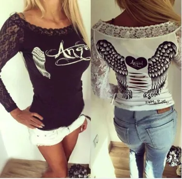 Fashion Women's T shirt Back Hollow Angel Wings T-shirt Tops