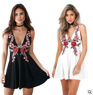 Vintage Embroidered Sexy Deep V Dress