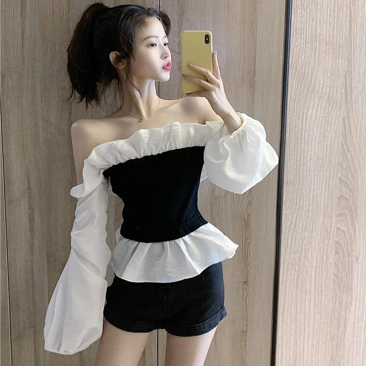 Strapless shoulder bubble long sleeve shirt