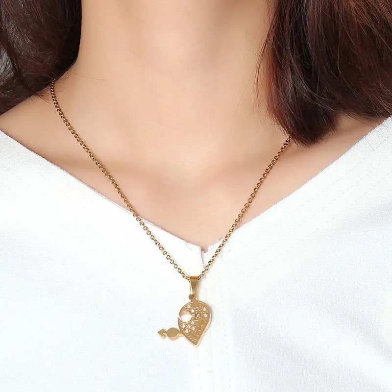 Titanium Steel Rhinestone Heart-shaped Couple Pendant Necklace