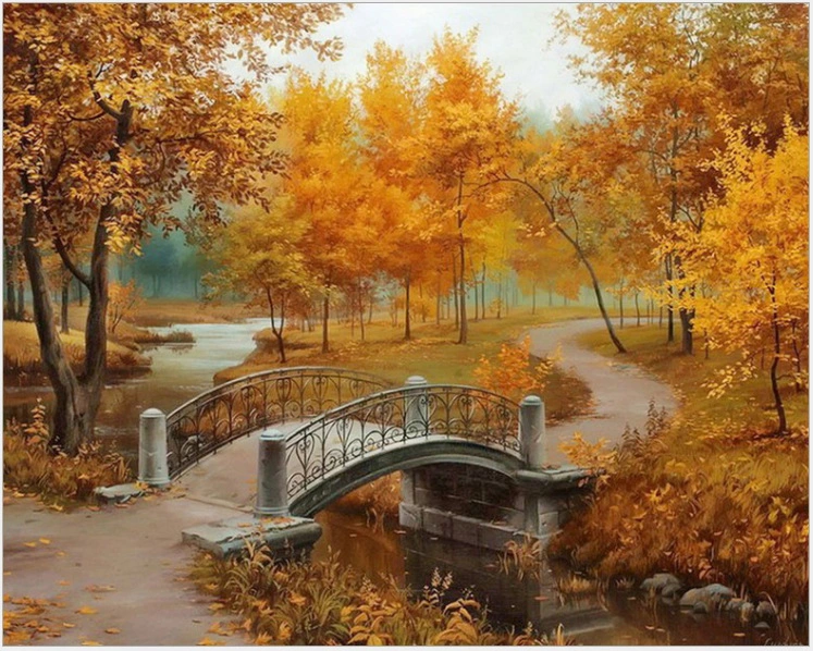 New Rubik's Cube Drills Autumn Scenery Small Bridge Diamond Painting