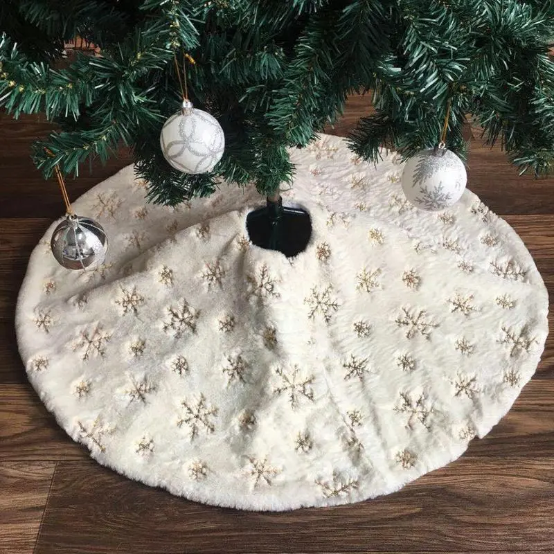 Golden Sequin Faux Rabbit Fur Embroidered Snowflake Tree Skirt