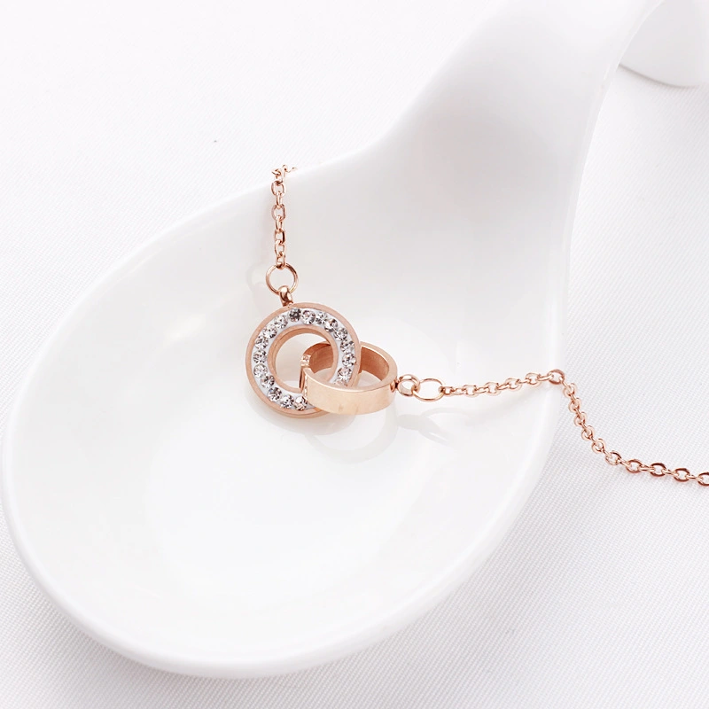 Titanium steel necklace female clay mud double ring plated 18K rose gold clavicle chain