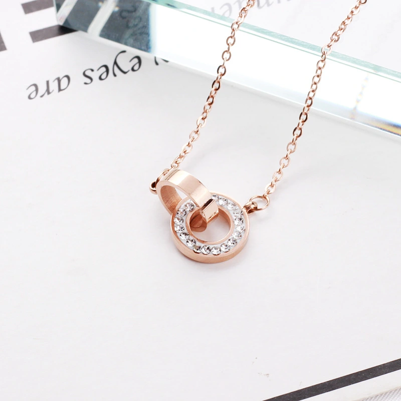 Titanium steel necklace female clay mud double ring plated 18K rose gold clavicle chain