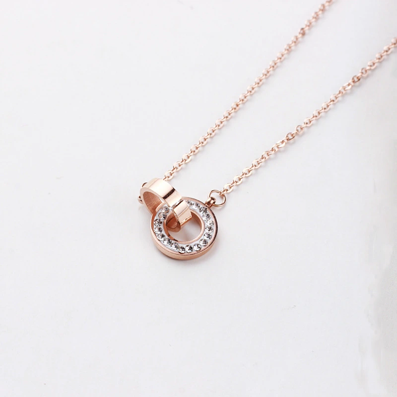Titanium steel necklace female clay mud double ring plated 18K rose gold clavicle chain