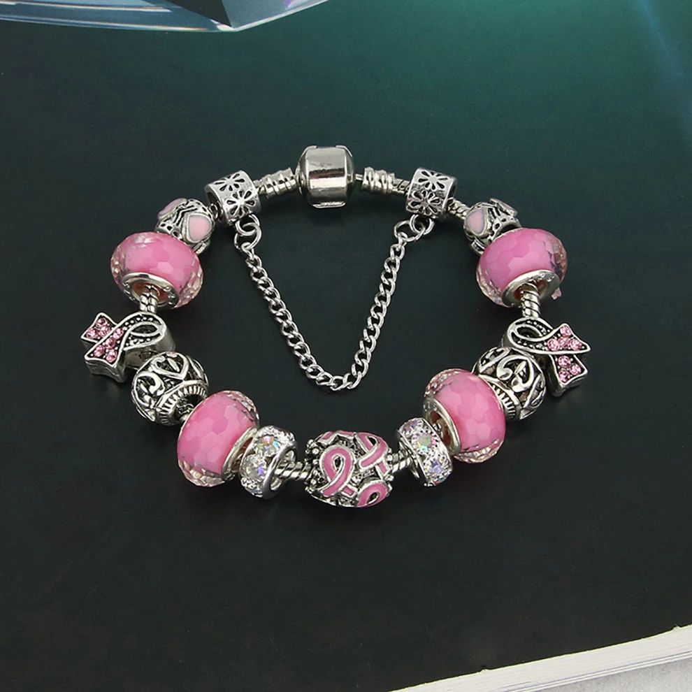 Explosive Beaded Alloy Pink Ribbon Bracelet