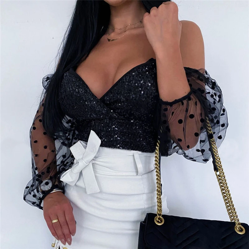 Women's sequined v-neck bubble sleeve top