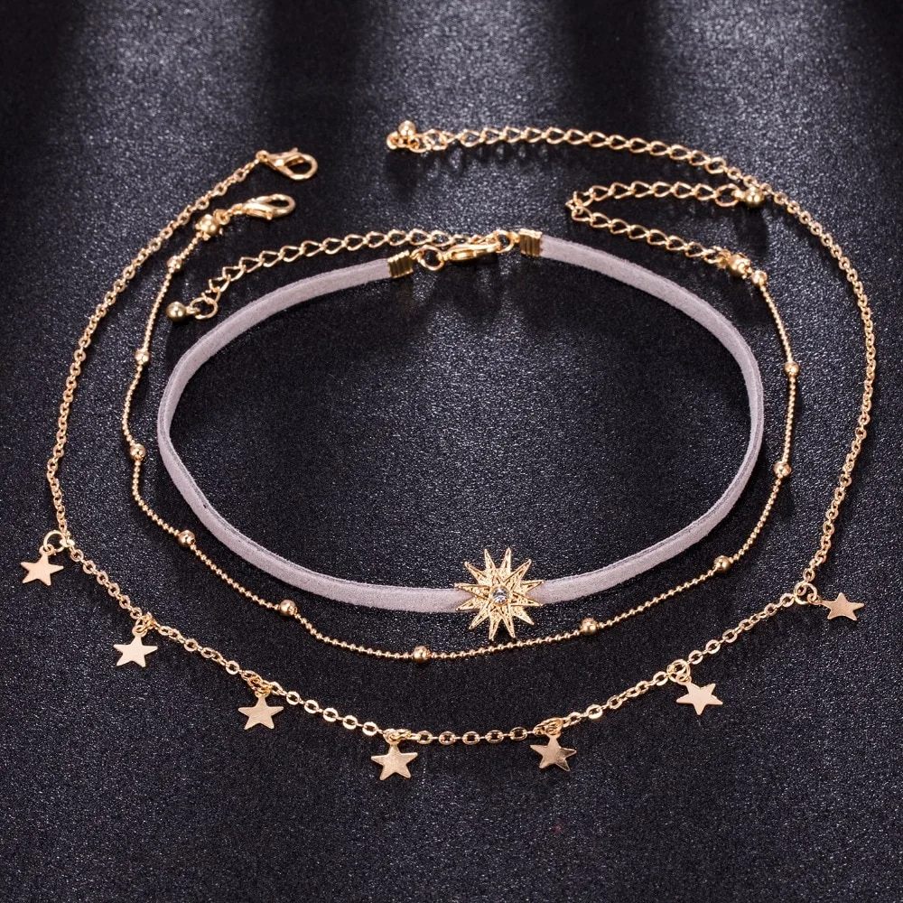 3PC/Set New Fashion TrendyJewelry Sun Star Tassel Choker Multi Layer Necklace Gift For Women Girl