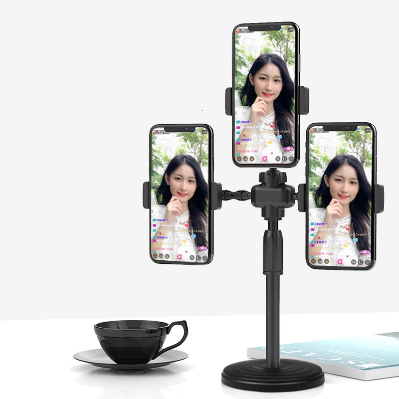 Live Streaming Phone Holder with Dimmable LED Ring Fill Light and 3 Phone Clips Hot Youtuber's Video Live Desk Liftable Stand