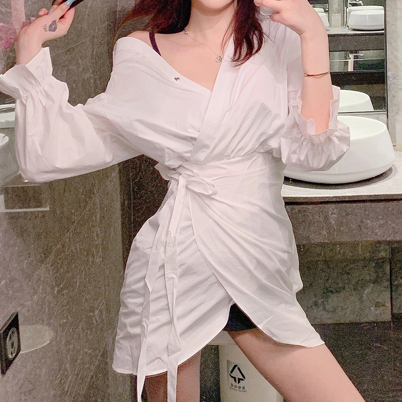 Strapless sexy petal-sleeve drawstring shirt skirt