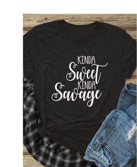 Kinda Sweet Kinda Savage T-shirts for men, women, Europe, English, alphanumeric, street short sleeves