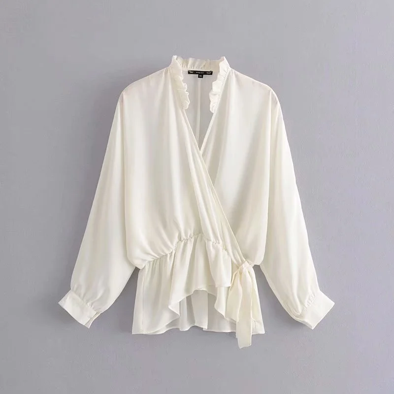 Stand collar lace cross V-neck shirt