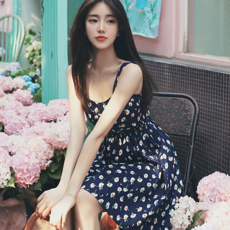 Summer Korean print floral beach skirt waist slim A word skirt strap dress