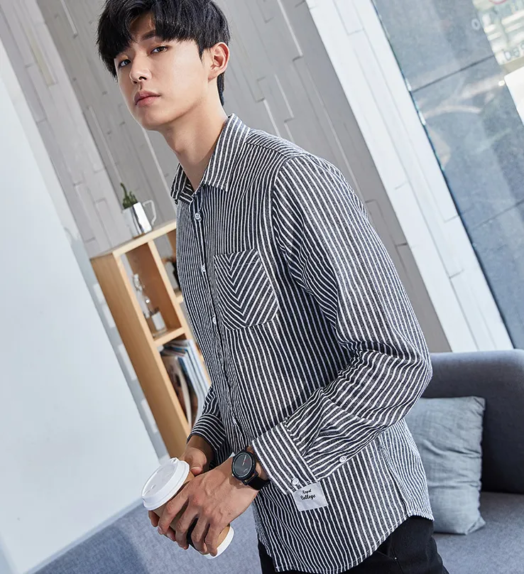 Tang lion early autumn striped shirt men's long sleeve Japanese youth retro loose vertical striped shirt Harajuku style shirt