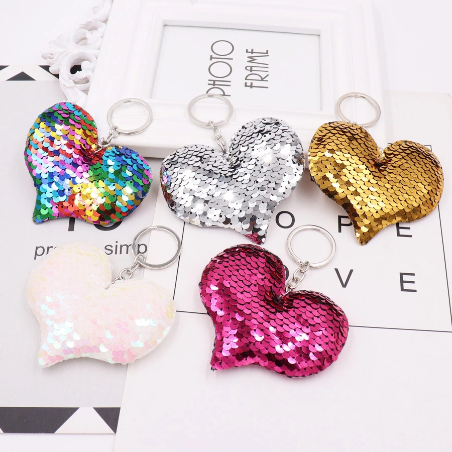 Cute Heart Keychain Glitter Pompom Sequins Key Ring