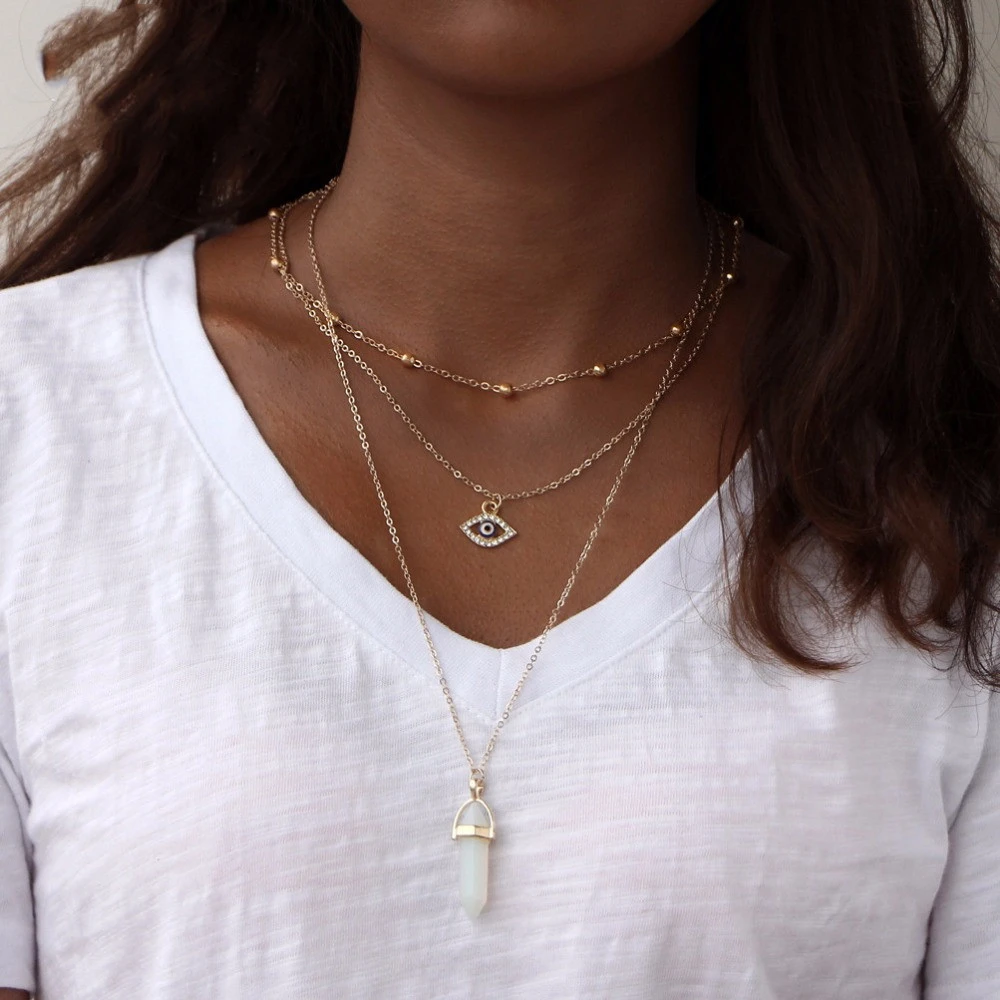 Diamond Eye Pendant Triple Chain