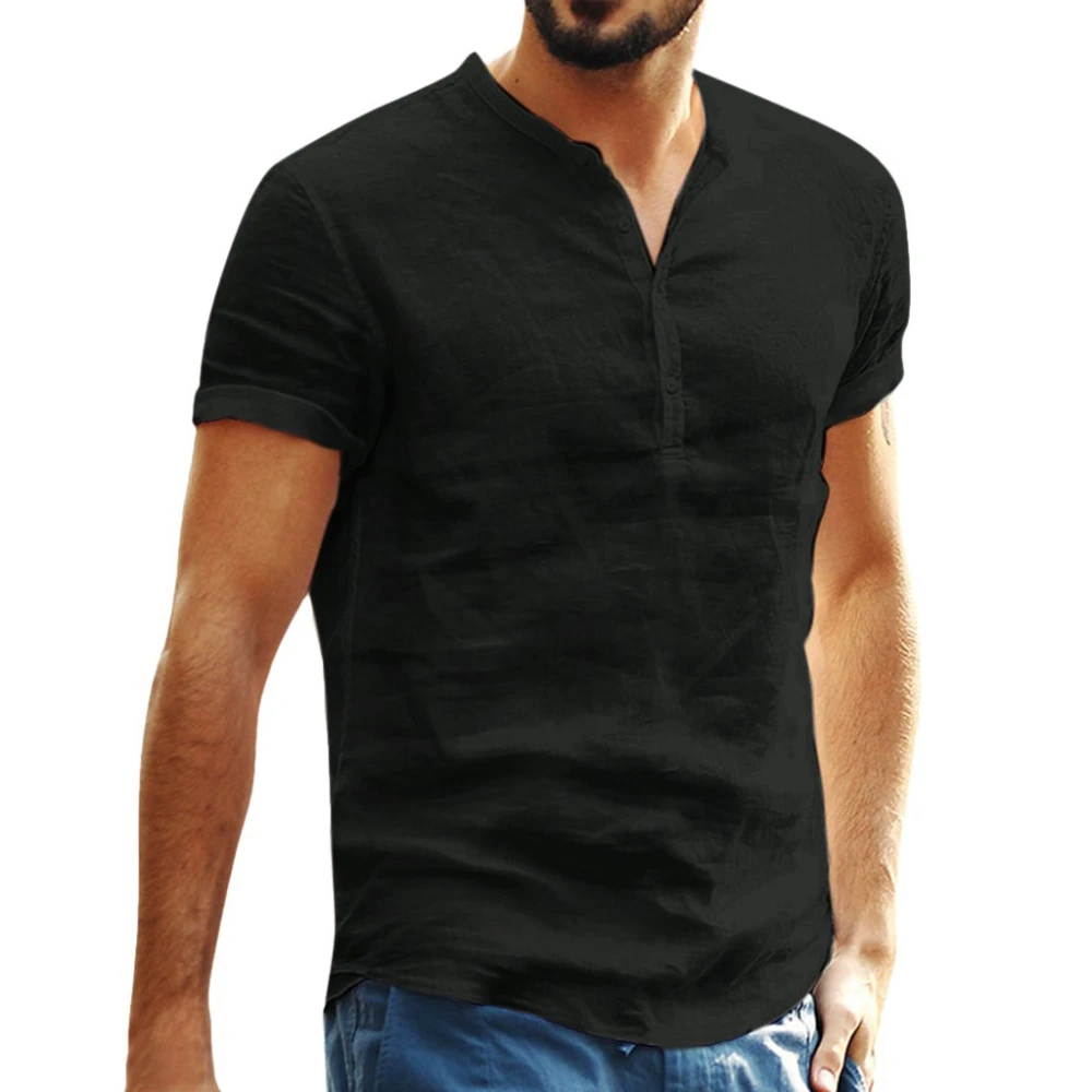 Stand collar cotton linen short sleeve shirt