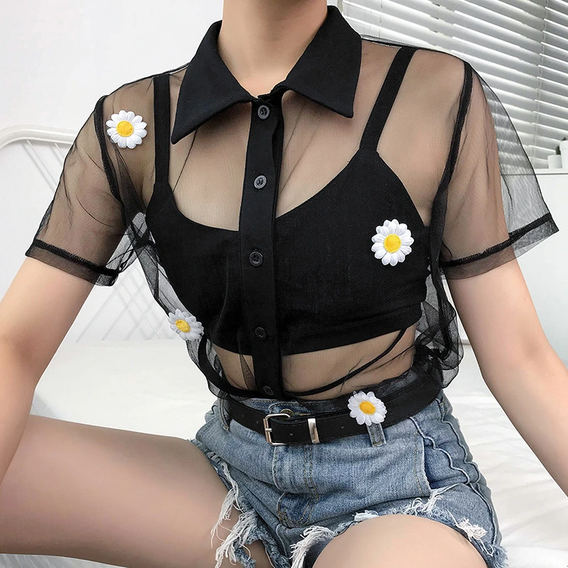 Women's cute flower perspective loose mesh blouse