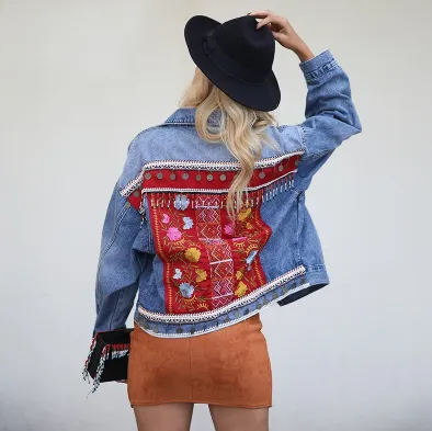 Flower embroidery vintage denim jacket coat