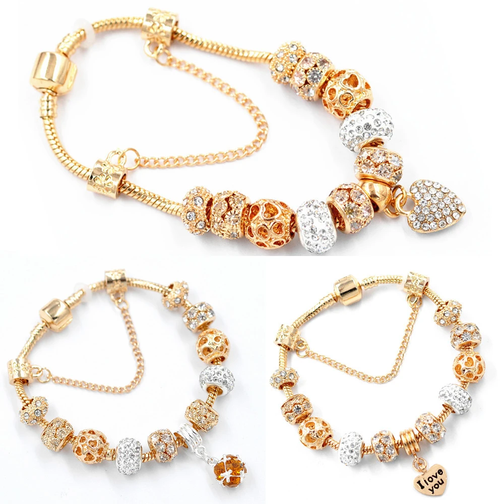 Gold snake chain crystal heart bracelet