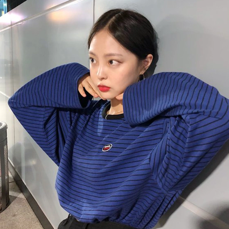 Loose wild blue striped long-sleeved lazy wind sweater women's thin section