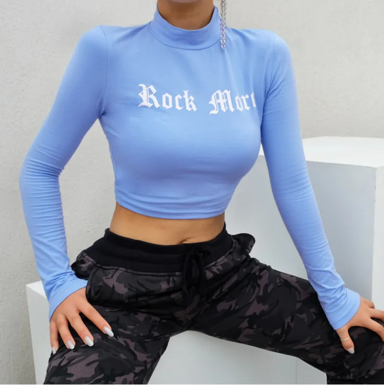 Sexy umbilical letter tight-fitting long-sleeved T-shirt
