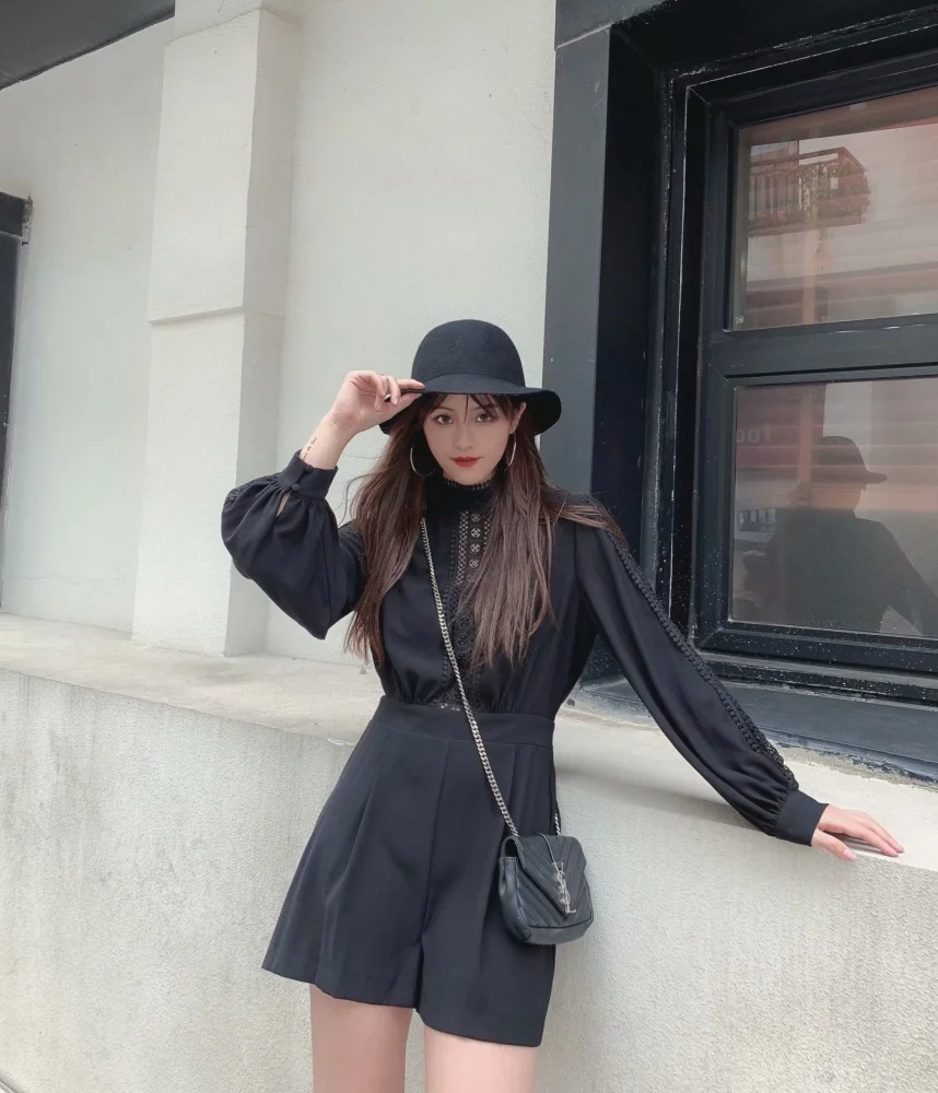 Hollow Panel Puff Sleeve Collar Jumpsuit
