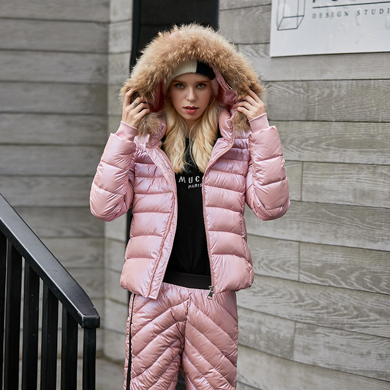 Bright leather casual slim thick down padded jacket