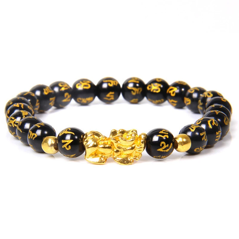 Men's Lucky Black Pixiu Gold Obsidian Bracelet