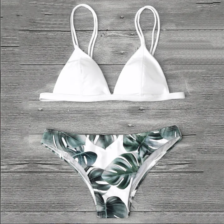 Green leaf printed bikini split swimsuit