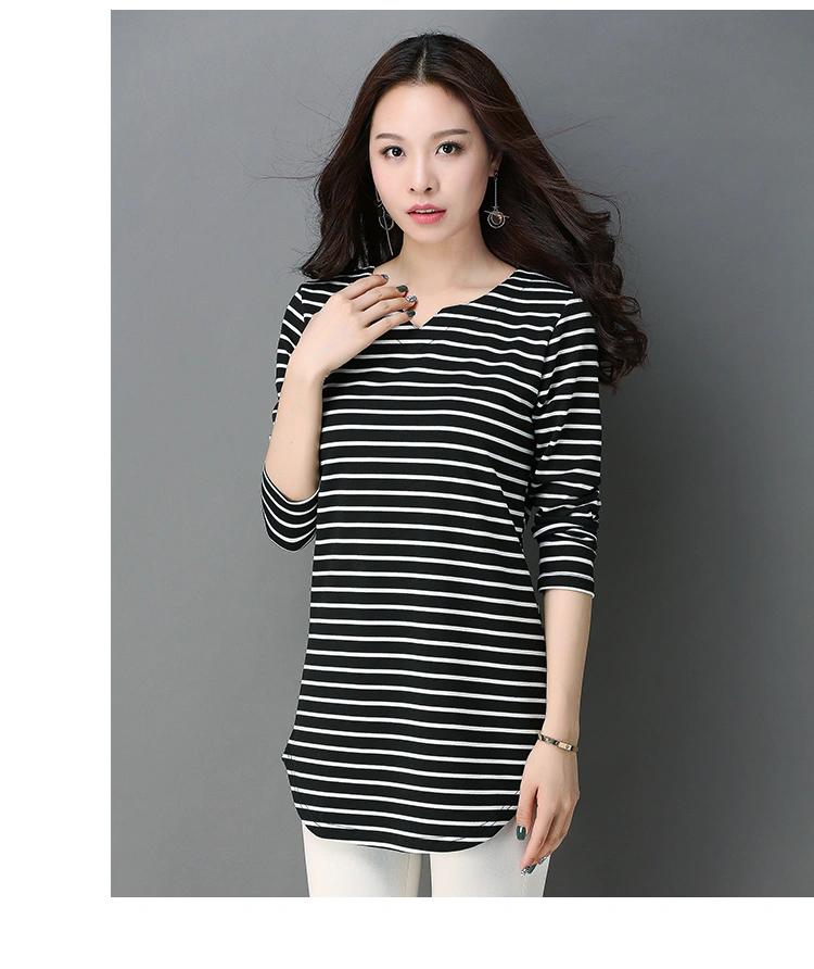 Women's long striped top top with a v-neck long sleeve T shirt