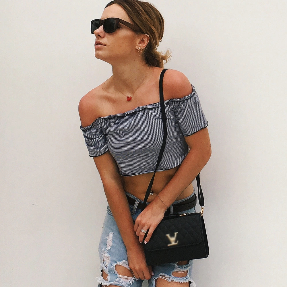 USA SIZE Sexy word collar off-shoulder striped short long-sleeved tube top T-shirt