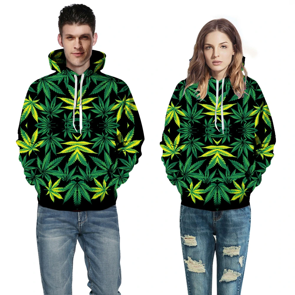 Casual loose version hooded sweater 3D leaf pattern digital print sweater