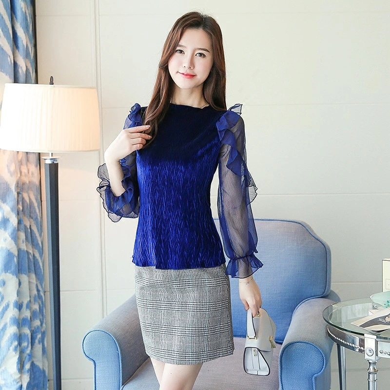 Wild Korean version of the slim chiffon stitching sleeve gold velvet bottoming shirt women long sleeves,
