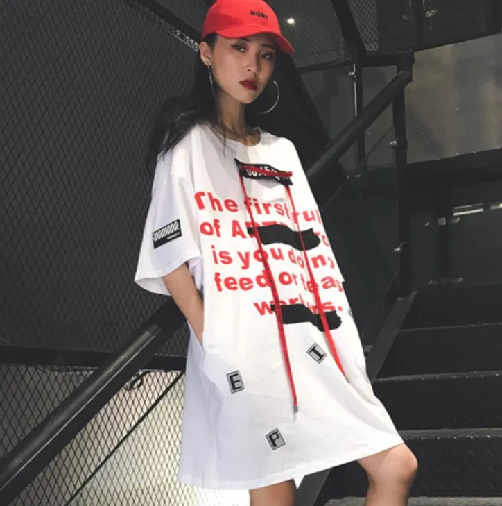 Harajuku t shirt women 2021 ulzzang letters and ribbon loose long short sleeve T shirts
