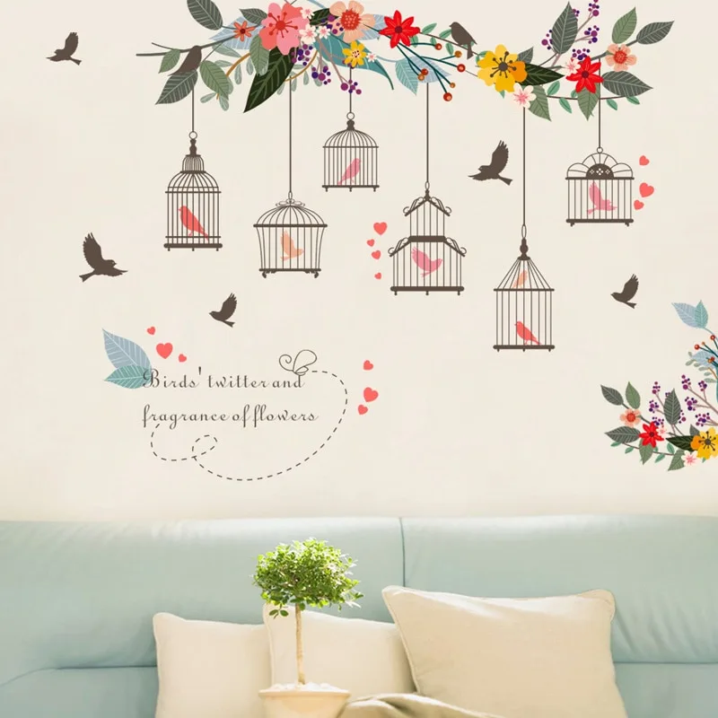 Flower vine bird cage Wall Sticker Living room bedroom Sofa background decorations wallpaper Mural Removable stickers