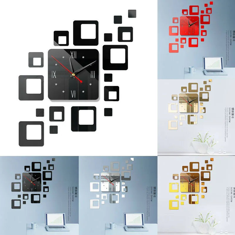 Factory direct sale diy3D three-dimensional decorative clock acrylic mirror clock square combination clock