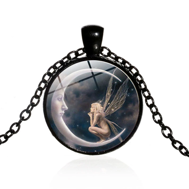 1 Pc Women Fairy On Moon Photo Cabochon Glass Pendant Necklace Sweater Chain Necklace Jewelry