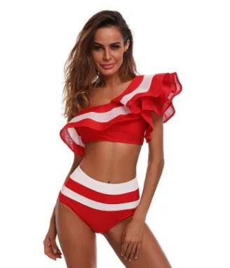 2021 new European and American sexy sand bathing suit European and American two-color color matching one-shoulder swimsuit