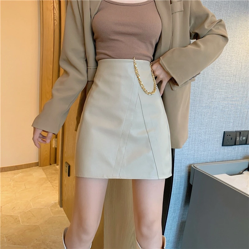 Fashion Casual Stitching High Belt Chain Thin A-Line Leather Skirt