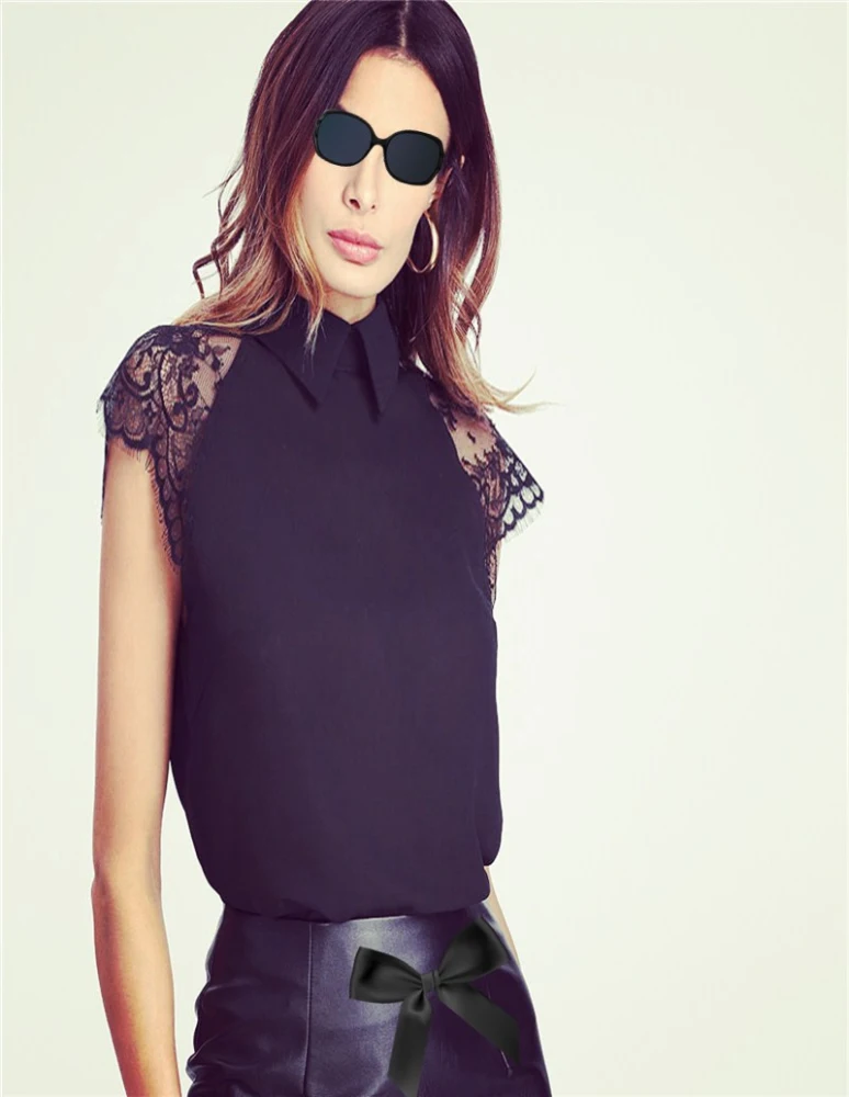 BP Floral Lace Cap Sleeve Blouse Black Peter Pan Collar Button Women Elegant Top Summer Short Sleeve Plain Workwear Blouse