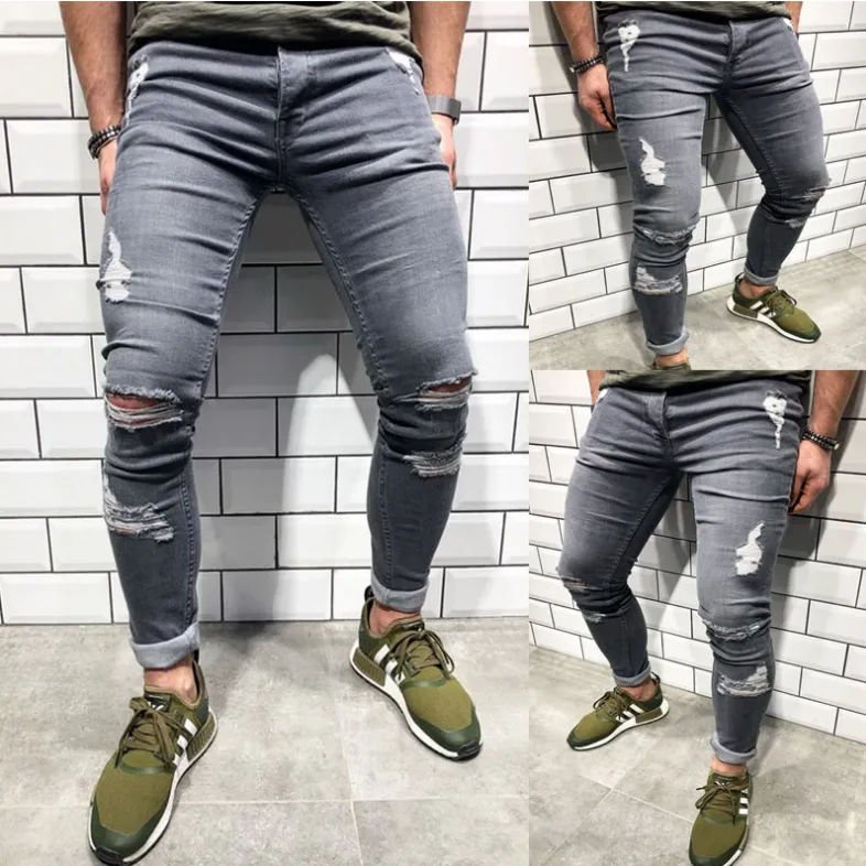 Trendy Men's Ripped Jeans Knee Holes Skinny Slim Fit Denim Pants