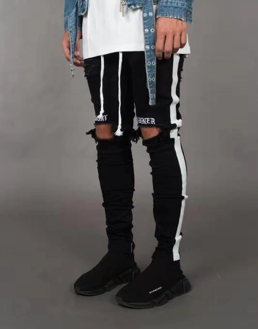 Trendy Men's Ripped Jeans Knee Holes Skinny Slim Fit Denim Pants