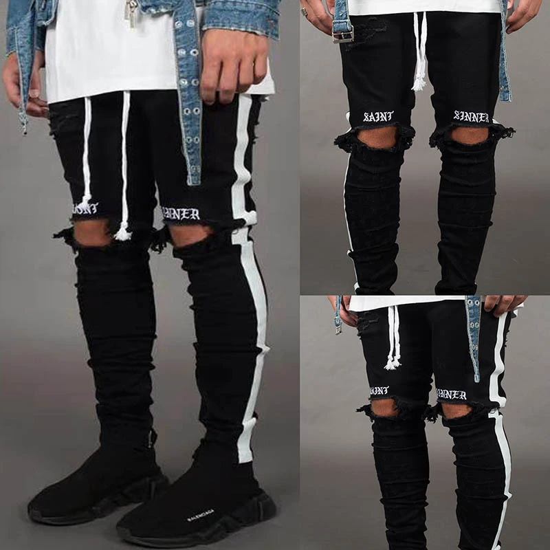 Trendy Men's Ripped Jeans Knee Holes Skinny Slim Fit Denim Pants