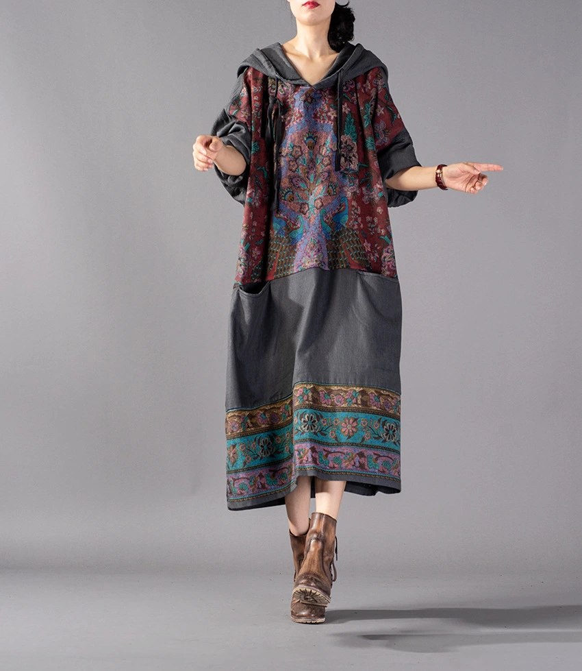 2021 autumn new national style printing sweater dress large version casual casual dress large size women's clothing