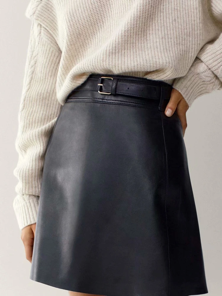 Belt high waist leather skirt