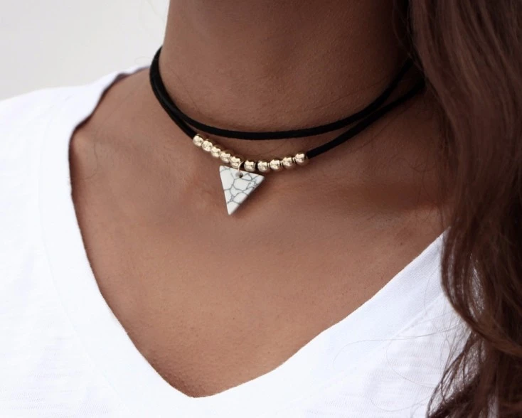 Triangle Stone Double Layer Necklace Fashion Beaded Pendant Leather Necklace