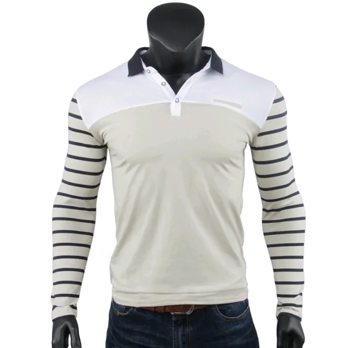 Autumn and winter new 2021 men's lapel polo shirt, cotton striped long-sleeved t-shirt Slim shirt