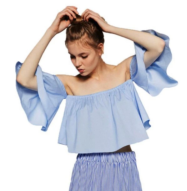 Wild sexy word shoulder ruffled five-point sleeves girl top